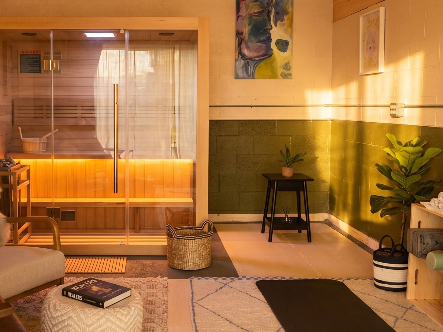 Rifugio wellness room with sauna, hydration station, and recovery space